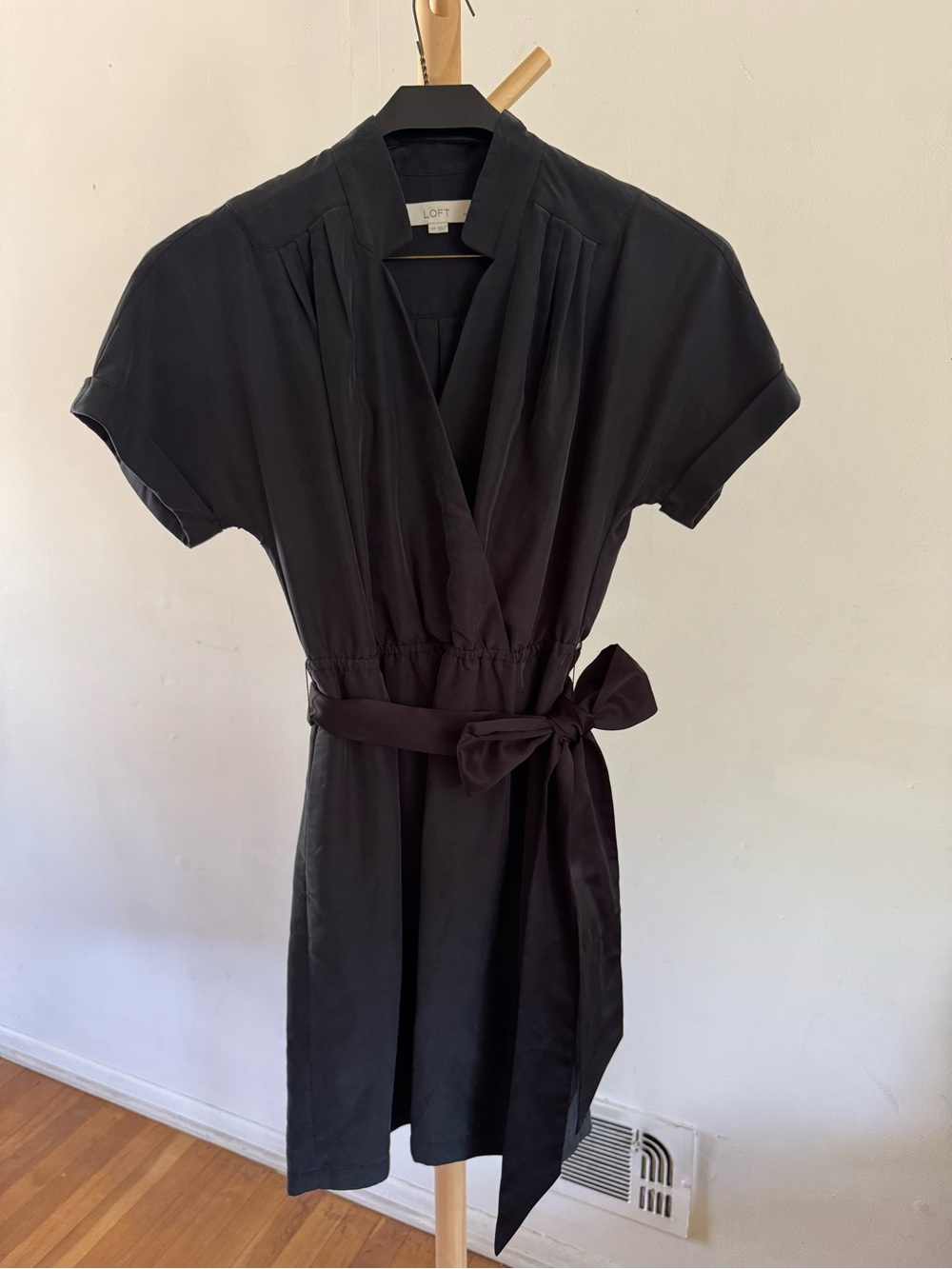 LOFT Black Short-Sleeve Wrap Tie-Waist Mini Dress